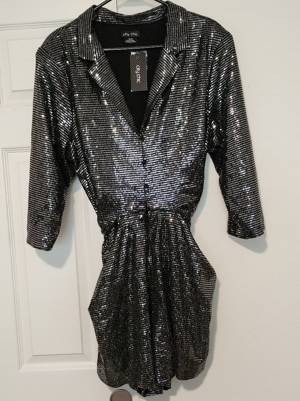NWT City Chic Playsuit Glamour Gunmetal Sequin Wrap Romper Plus Size M/18